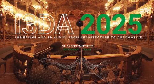 Immagine di un teatro senza pubblico, stile 1700. Inquadratura dal fondo di alcuni dispositivi di ripresa audio video. I3DA 2025 - Immersive and 3dAudio: From architecture to automotive. Date