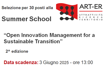 Titolo che richiama alla selezione di 30 posti per la Summer school. “Open Innovation Management for a Sustainable Transition”, logo ART ER in alto a destra.