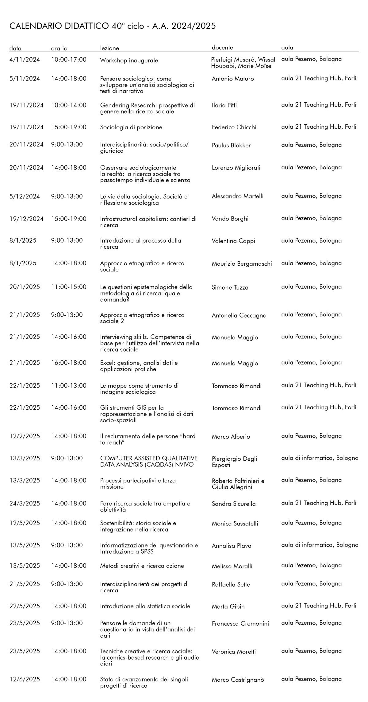 Calendario didattico XL ciclo