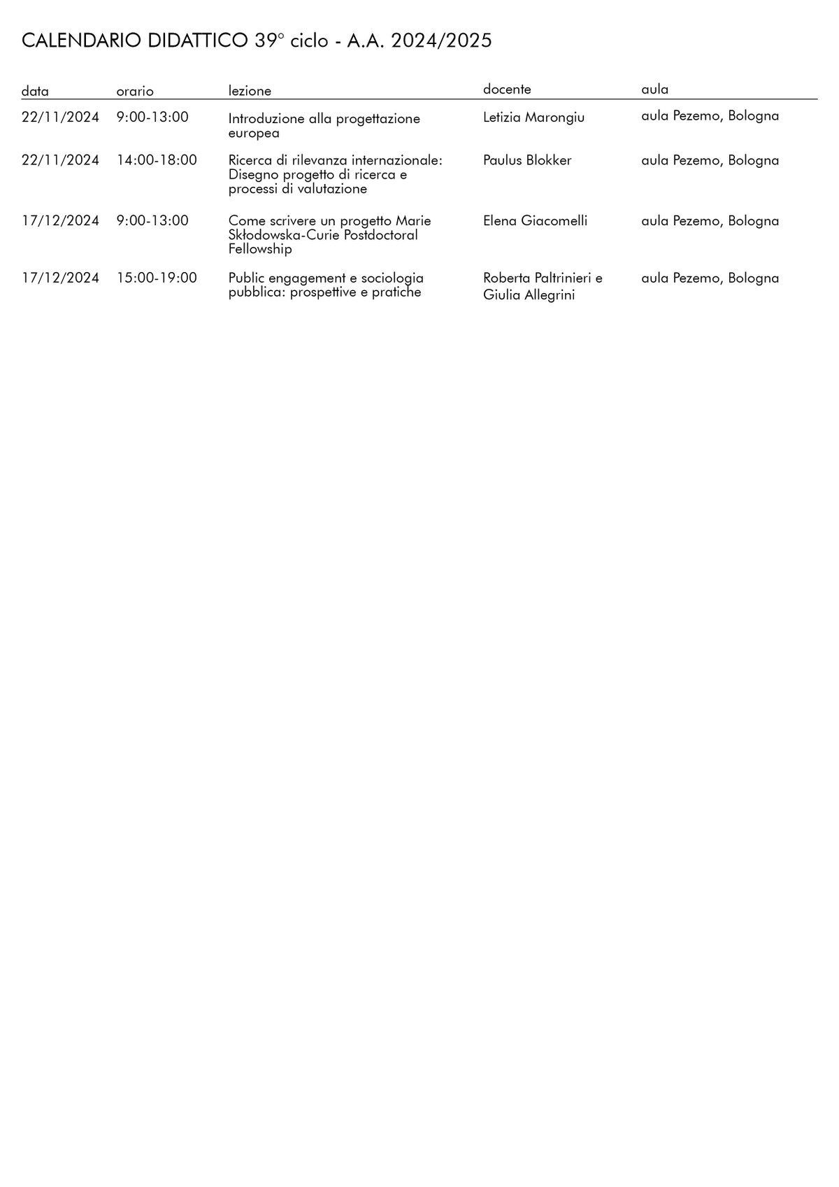 Calendario didattico XXXIX ciclo